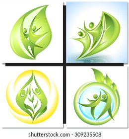 Eco icon green dancers with tree, nature concept