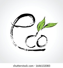 Eco icon with Green leaf hand drawn vector illustration, Calligraphic and typographic, Paintbrush stroke