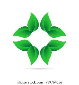 Eco icon from green leaves in a circle on a white background with gray shadow on the bottom. Environmental abstract design natural round shape 