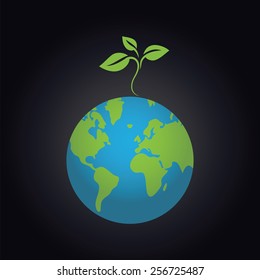 Eco icon of green leaves on a planet. Vector design, ecology concept.