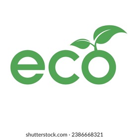 Eco Icon with Green Letters and 2 Leaves on a White Background