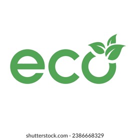 Eco Icon with Green Lowercase Letters and 3 Leaves on a White Background