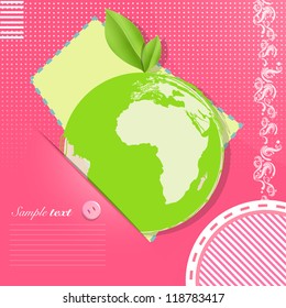 Eco icon of a leaf on a planet inside a pink card. Vector design.