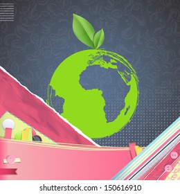 Eco icon of a leaf with planet over vintage background. Vector design.