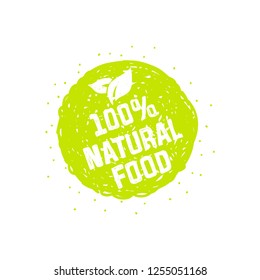 Icono ecológico con hoja, signo biológico vectorial en la mancha de color agua con manchas de color agua. Banner vectorial 100% producto natural con hojas. Afiche acuarela con el concepto de comida orgánica natural.  EPS 10