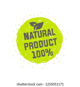 Eco icon with leaf, vector bio sign on watercolor stain with watercolor spots. Vector banner 100% natural product with leaves. Watercolor poster with natural organic food concept. EPS 10