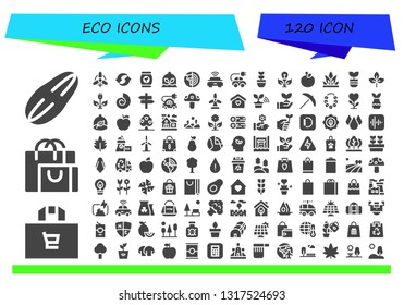 eco icon set. 120 filled eco icons.  Collection Of - Seed, Shopping bag, Wind, Recycle, Bag, Plant, Planet earth, Electric car, Green energy, Apple, Grass, Leaf, Fossil, Panel