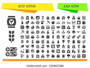 eco icon set. 120 filled eco icons.  Collection Of - Bag, Woods, Growing plant, Solar panel, Plant, Lemons, Apple, Eco, Tree, Home, Pear, Avocado, Droplet, Planet earth, Pick