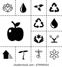 Eco icon. set of 13 filled and outline eco icons such as plant, flower, recycle, water drop, arrow up, apple, watering system, drop