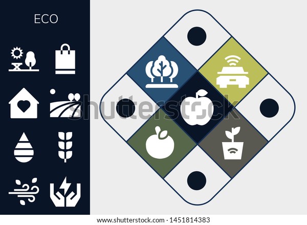 eco icon set. 13 filled\
eco icons.  Simple modern icons about  - Apple, Wind, Save energy,\
Drop, Growing plant, Home, Field, Park, Shopping bag, Electric car,\
Tree, Plant