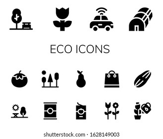 eco icon set. 14 filled eco icons.  Simple modern icons such as: Park, Flower, Autonomous car, Greenhouse, Tomato, Trees, Tomato sauce, Pear, Shopping bag, Plant, Seed