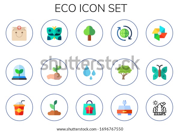 eco icon set. 15 flat eco icons.  Simple\
modern icons such as: bag, plant, butterfly, tree, drop, windmill,\
straw, sprouts, electric car,\
forest