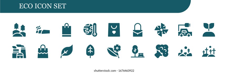 conjunto de iconos ecológicos. 18 iconos ecológicos rellenos. Incluidos Bosques, Marihuana, Bolsa de Compras, Calentamiento Global, Bolsa, Molino de Viento, camión Eléctrico, Planta de Crecimiento, Planta Nuclear, Energía Verde, Iconos de Hojas