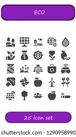  eco icon set. 25 filled eco icons. Simple modern icons about  - Forest, Solar panel, Park, Global warming, Drop, Planting, Bag, Green energy, Plant, Lemons, Windmill, Electric car