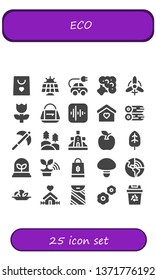 eco icon set. 25 filled eco icons.  Simple modern icons about  - Shopping bag, Solar panel, Electric car, Broccoli, Wind, Flower, Bag, Apple, Home, Woods, Pick, Forest, Windmill