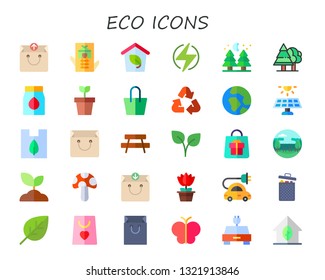 eco icon set. 30 flat eco icons.  Simple modern icons about  - bag, tree house, green energy, pine, coal, plant, recycle, planet earth, solar panel, plastic, bench, trees, sprout