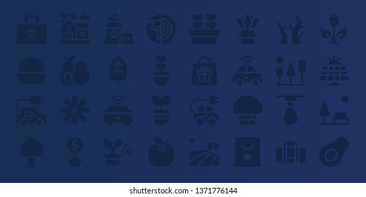 eco icon set. 32 filled eco icons. on blue background style Collection Of - Shopping bag, Plant, Electric car, Tree, Home, Avocado, Flower, Nuclear plant, Leaf, Planet earth, apple