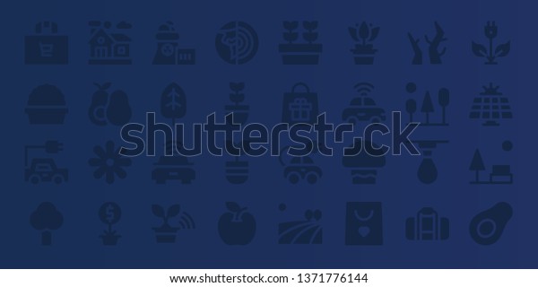eco icon\
set. 32 filled eco icons. on blue background style Collection Of -\
Shopping bag, Plant, Electric car, Tree, Home, Avocado, Flower,\
Nuclear plant, Leaf, Planet earth,\
apple