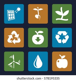 eco icon. Set of 9 eco filled icons such as water drop, sprout, recycle, apple, solar panel, mill, plant