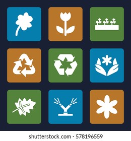 eco icon. Set of 9 eco filled icons such as leaf, flower, Clover, sprout plants, recycle