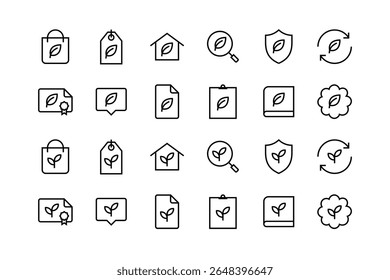 Öko-Symbol-Set, einstellbare Linie Gewicht Ökologie, grün, Natur, Pflanze, Blatt, Umwelt, sicher, Energie, Haus, Suche, Recycling, Recycling-Symbole