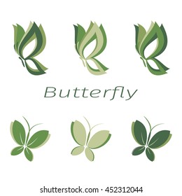 Eco icon set butterfly symbols. Vector illustration, isolated on a light background. Fashion Graphic Design. Beauty concept. Light color butterfly logo. Smooth shape. Simple flat colored style.