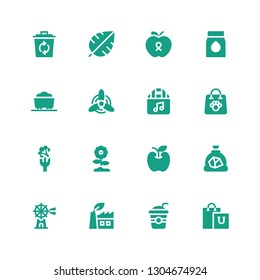 eco icon set. Collection of 16 filled eco icons included Shopping bag, Straw, Green power, Windmill, Coal, Apple, Flower, Broccoli, Leaf, Recycle