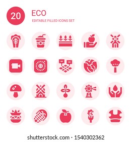 eco icon set. Collection of 20 filled eco icons included Cabbage, Straw, Flowers, Apple, Wind mill, Field, Tree, Mushroom, Windmill, Seed, Ecology, Botanical, Fossil, Broccoli