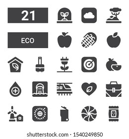 eco icon set. Collection of 21 filled eco icons included Seed, Mint, Garbage, Apple, Eolical, Bag, Leaf, Hyperloop, Waste, Drop, Renewable energy, Eco, Fossil, Savannah, Tree