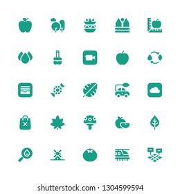 eco icon set. Collection of 25 filled eco icons included Field, Hyperloop, Tomato, Windmill, Drop, Leaf, Apple, Mushroom, Marijuana, Shopping bag, Electric car, Peppermint, Energy