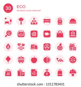 eco icon set. Collection of 30 filled eco icons included Park, Tree, Windmill, Bench, Shopping bag, Drop, Bag, Apple, Leaf, Field, Coal, Tomato, Electric car, Bush, Waste, Terra