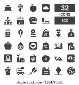 eco icon set. Collection of 32 filled eco icons included Cabbage, Tree, Fruit box, Flower, Electric car, Recycling bin, Apple, Shopping bag, Eco factory, Waste, Recycle bin, Forest