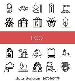 eco icon set. Collection of Tomato, Weevil, Emission, Greenhouse, Global warming, Shopping bag, Plant, Butterfly, Wind socket, Tree, Pollution, Forest, Warming, Bioengineering icons