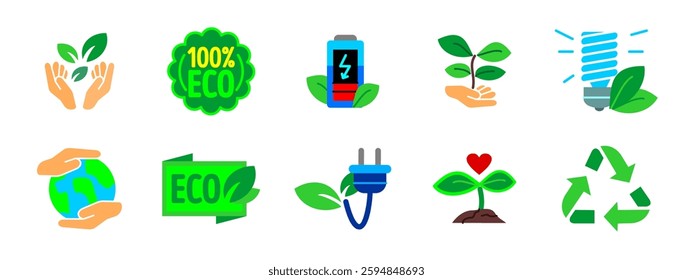 Eco icon set colored. Symbols of sustainability, green energy, recycling and nature conservation. Green icons for eco-friendly, organic and renewable resources. Climate and environmental care concept.