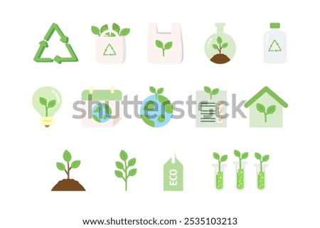 Eco icon set. Ecology, environment, natural, green, earth, sustainable, renewable, research concepts. Flat vector design isolated illustration.