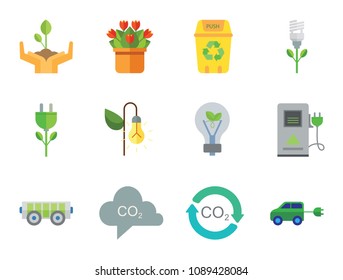 Eco Icon Set. Electrocart Flowers Electrocar Carbon Dioxide Cycle CO2 In Cloud Eco-friendly Lightbulb Circulation Sign Electric Plug Flower Lamp Flower Environmental Protection Eco Energy Recycle Bin