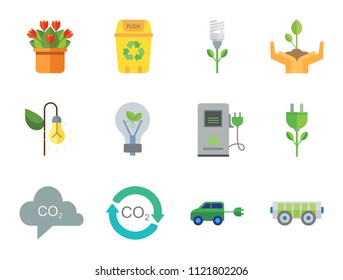 Eco Icon Set. Electrocart Flowers Electrocar Carbon Dioxide Cycle CO2 In Cloud Eco-friendly Lightbulb Circulation Sign Electric Plug Flower Lamp Flower Environmental Protection Eco Energy Recycle Bin