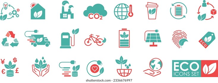 Eco icon set. eco friendly, ecology, green technology. Solid icon style. Nature and Renewable Energy colorful linear icons. Eco-friendly vector sign collection.