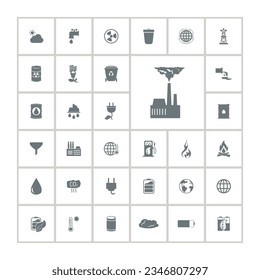 Juego de iconos ecológicos con estación de combustible ecológica, fábrica, contaminación ambiental