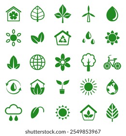 Eco icon set. Green symbols isolated on white background. Eco protection concept. Vector illustration.