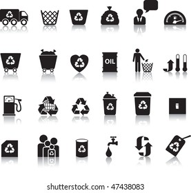 Eco icon set illustrated as black silhouettes with reflection