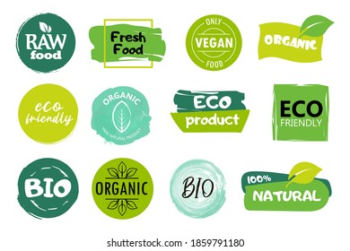 Eco icon set. Natural, organic products, vegan and raw food, eco friendly and other vector illustration