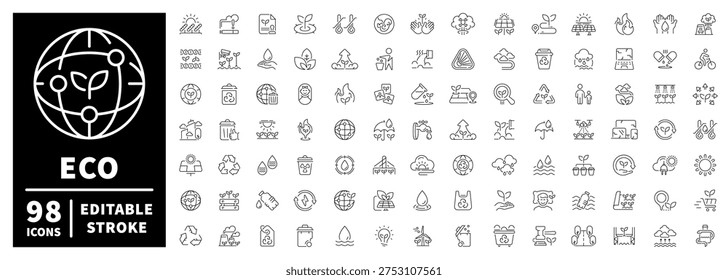 Eco icon set: outline editable stroke icons with thin line style for sustainability