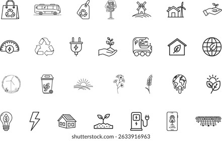 Eco Icon Set, Sustainability Poster, Environmental Campaign, Green Product Label, Recycle Infographic, Climate Awareness Guide, Renewable Energy Brochure, Organic Packaging Design – Vector Line Art