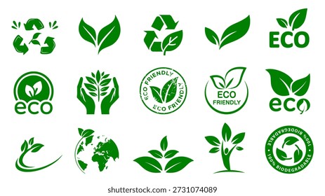 Eco icon set in vector silhouette style showing green symbols for EPS sustainability, biodegradable, and packaging templates.