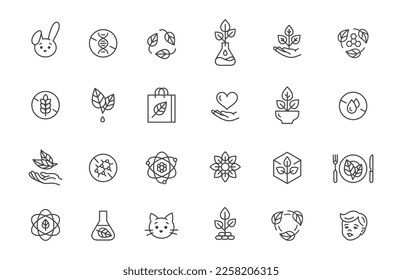 Eco icons collection. No gluten, children safe, no tested animal signs. Marks for food, clothes, plastic, toys, kitchen tools and cosmetics. Fresh organic vector symbols