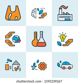 Eco icons colored line set with flasks, energy saving, care about world and other shopping elements. Isolated vector illustration eco icons.