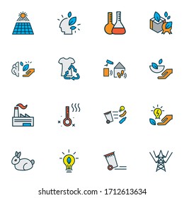 Eco icons colored line set with eco food, sun panel, smart home and other garbage container elements. Isolated vector illustration eco icons.