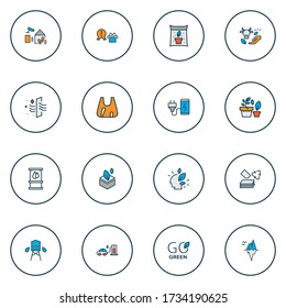 Eco icons colored line set with smart home, fertilizer, water tank and other reservoir elements. Isolated vector illustration eco icons.