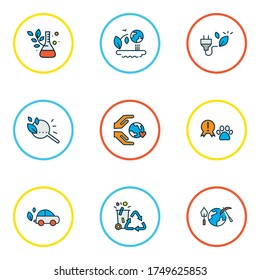 Eco icons colored line set with care about world, plant laboratory, bio energy and other automobile elements. Isolated vector illustration eco icons.